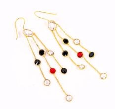 Colorful CZ Stone Chain Dangle Earrings in Brass with 22k Gold Plating